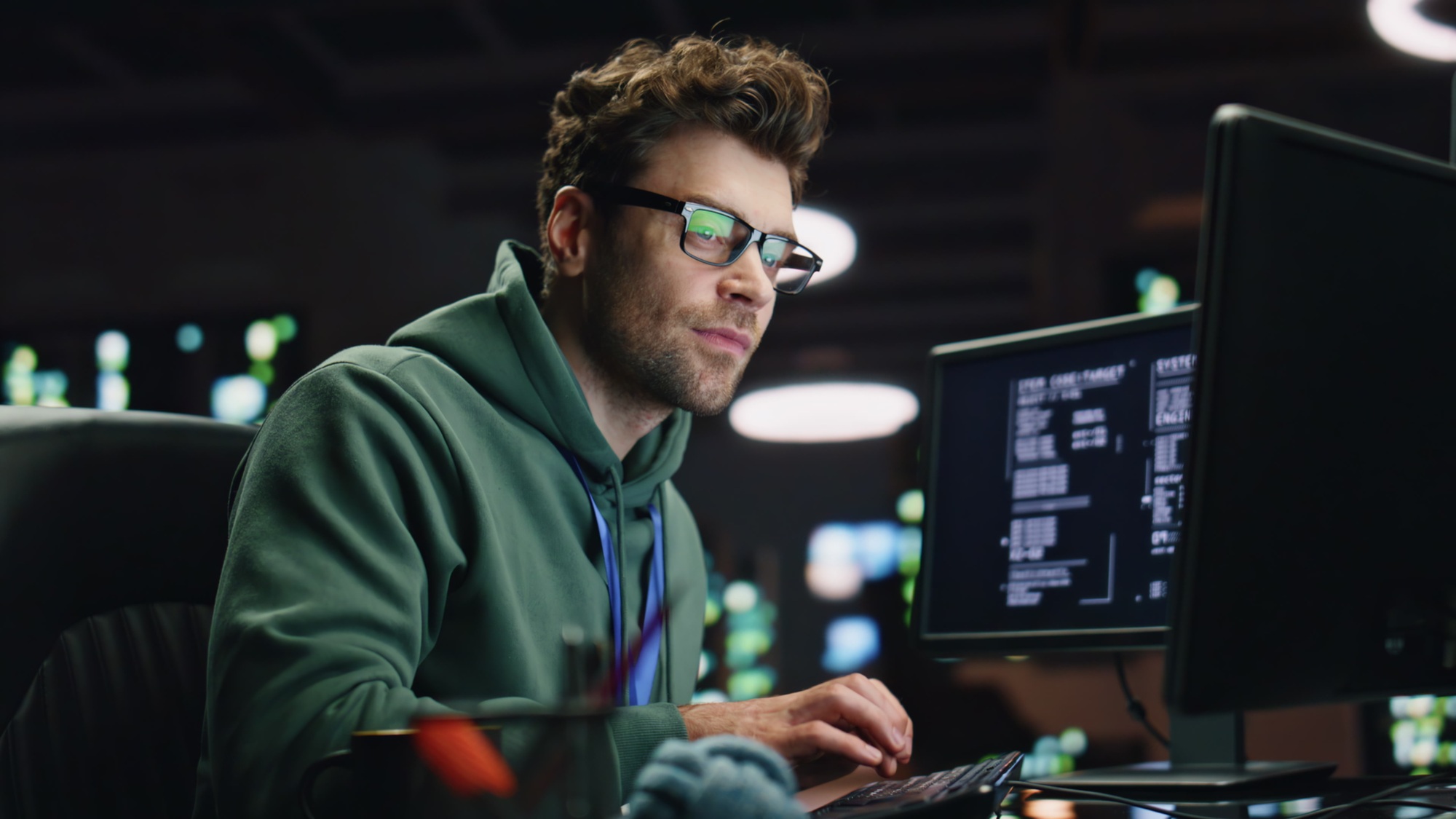 Datacenter analyst looking monitors in advanced monitoring office closeup.